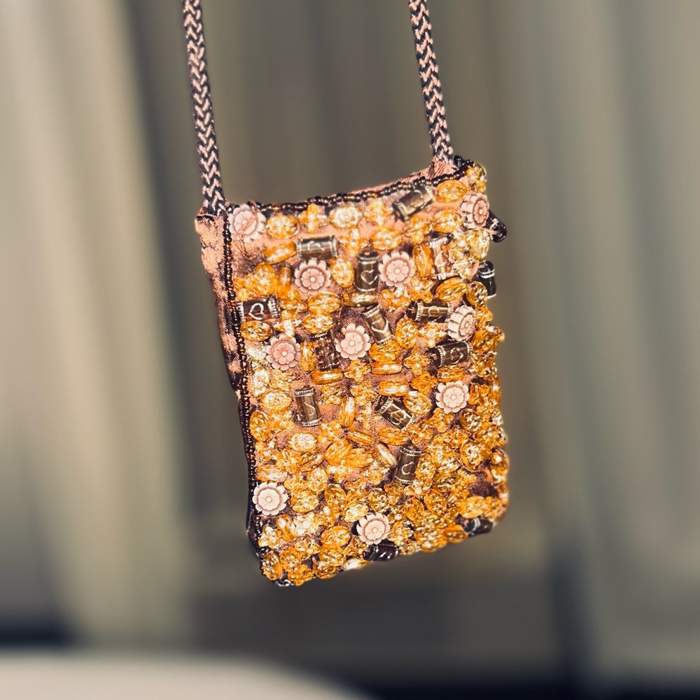 Small Handmade Brown Beaded Evening Bag 3x4" w Braided Shoulder Strap